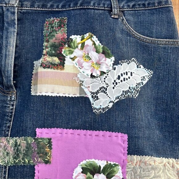 Talbots Denim Skirt Sz 18W Patchwork embellished handsewn Boho style Hippie Gal - Picture 4 of 10